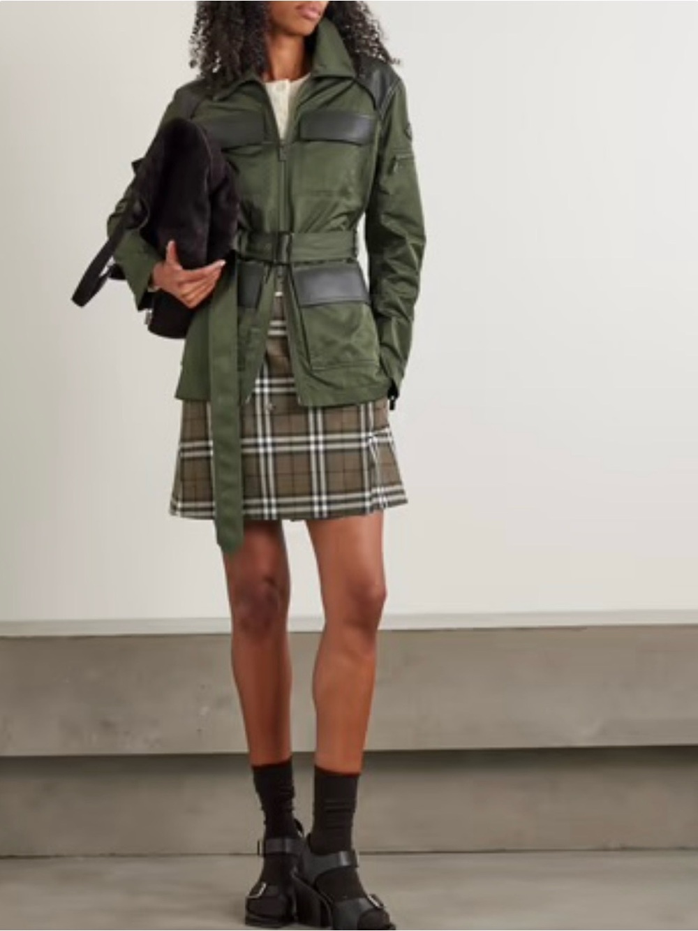 Burberry Olive Green Belted Utility Jacket with Black Trim